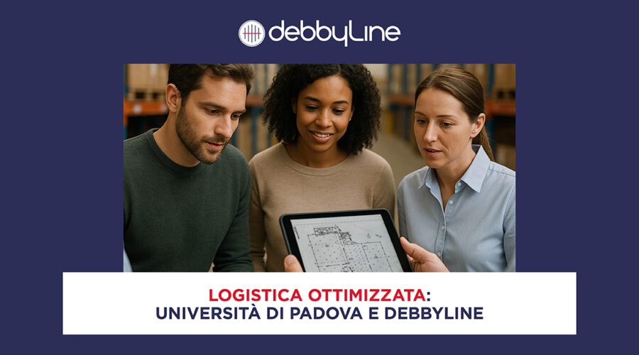 Persone che guardano un tablet in un magazzino analizzando dati nell'ambito di un progetto per la logistica integrata promosso da DebbyLine e università di Padova