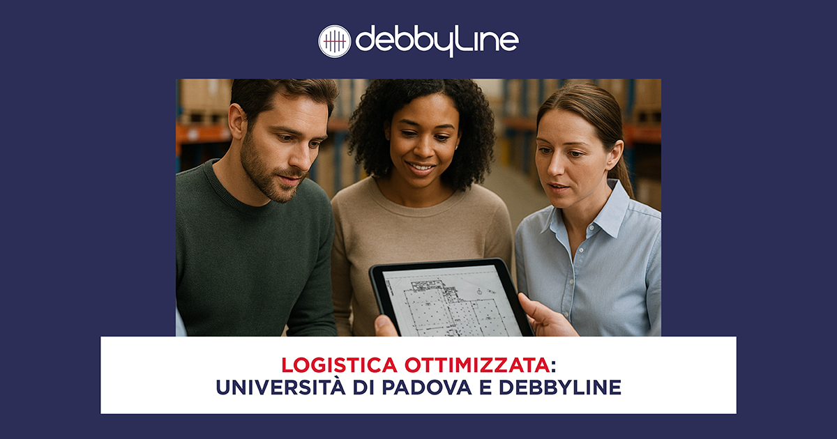 Persone che guardano un tablet in un magazzino analizzando dati nell'ambito di un progetto per la logistica integrata promosso da DebbyLine e università di Padova